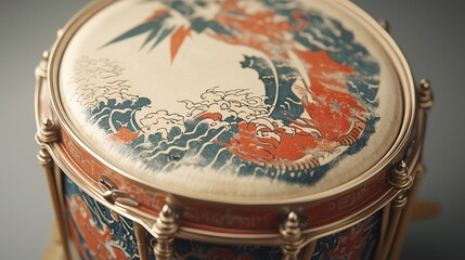 Naklejka premium Traditional Drum with Artistic Japanese Wave Design