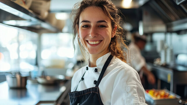 Smiling female chef in a professional kitchen environment