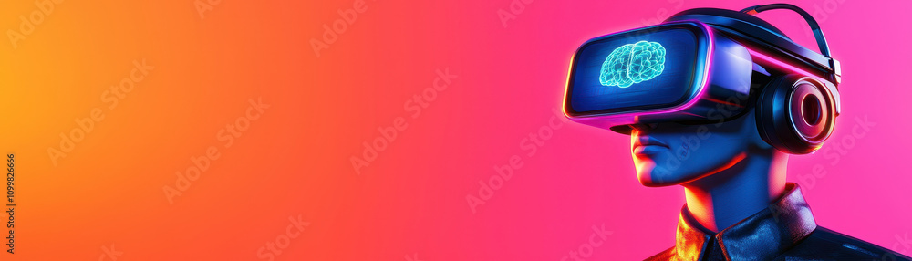 Poster concept of brain-computer interface using neurotechnology. a vibrant illustration of a person wearin