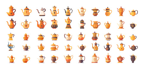 Fototapeta premium Cartoon coffee pots. Espresso cappuccino ristretto americano custard makers, middle eastern kettles brewing stuff, ceramic and brass jugs, isolated vector illustrations on white background