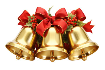 Glossy red and gold Christmas bells with a sprig of mistletoe, isolated on white background