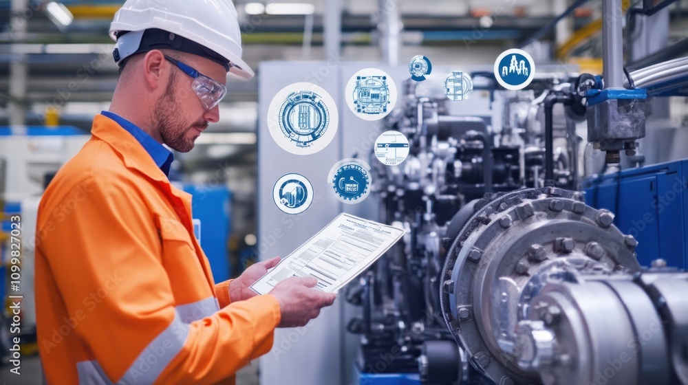 Poster engineer inspecting machinery alongside floating icons for quality standards and certifications, iso