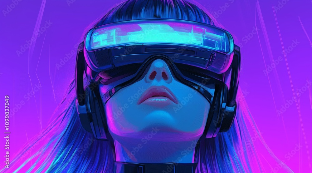 Poster girl in hi-tech vr glasses with elements of artificial intelligence. background in a high-tech style