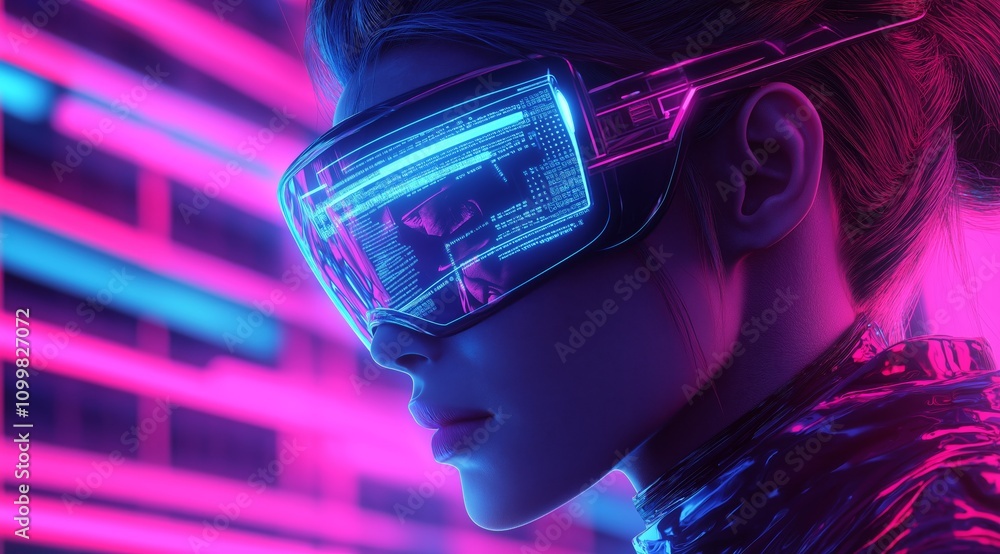 Poster girl in hi-tech vr glasses with elements of artificial intelligence. background in a high-tech style
