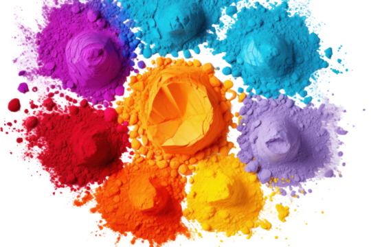 Close-up of different shades of Holi paint powders arranged in a circular pattern on a white background