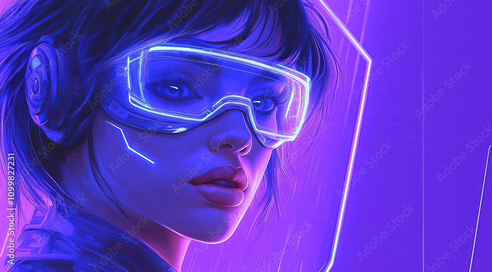 Poster girl in hi-tech vr glasses with elements of artificial intelligence. background in a high-tech style