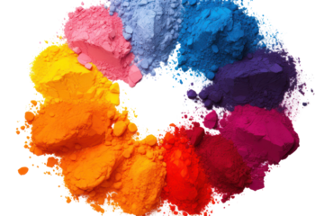 Close-up of different shades of Holi paint powders arranged in a circular pattern on a white background