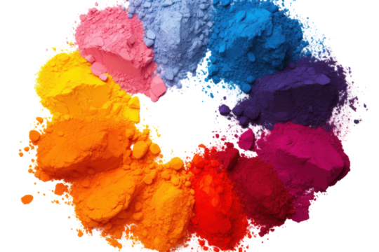 Close-up of different shades of Holi paint powders arranged in a circular pattern on a white background