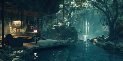 Fototapeta premium Hackers’ Escape A Tranquil, Off-the-Grid Hideout, A Peaceful Hackers Retreat Hidden in Seclusion