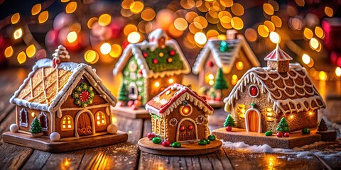 Fototapeta premium Christmas Gingerbread Houses on Wooden Table - Festive Holiday Scene