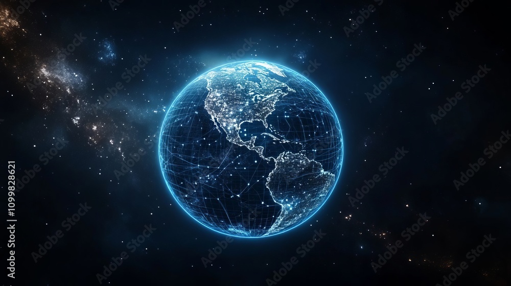 Poster abstract digital blue background with glowing connections and a global map, internet connection of t