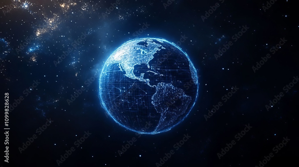 Poster abstract digital blue background with glowing connections and a global map, internet connection of t