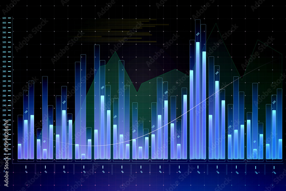 Aufkleber Financial data visualization with blue graphs and diagrams on digital interface with dark background, banking or accounting concept. 3D rendering