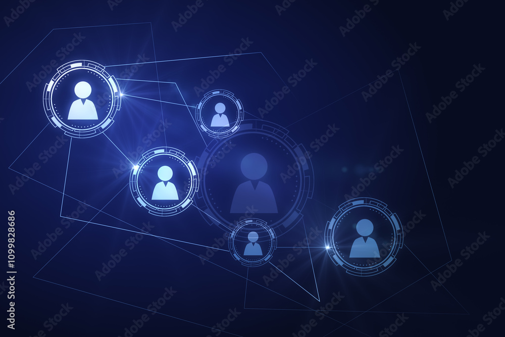 Fototapete Global communication and social network concept with front view on white digital user symbols connected between each other on abstract dark background. 3D rendering