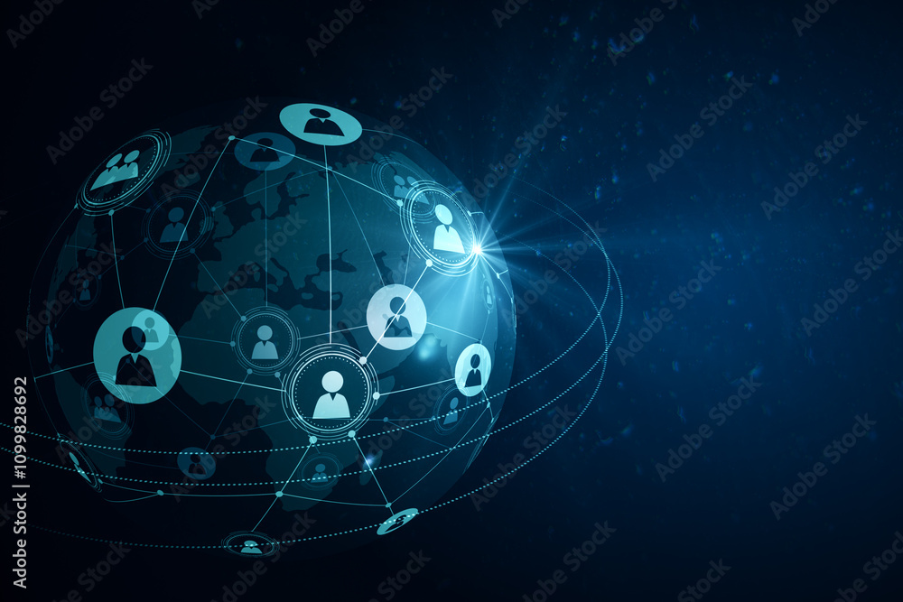 Leinwandbilder Remote work and social network concept with digital graphic user icons connected by lines on world map globe on abstract dark blue background. 3D rendering