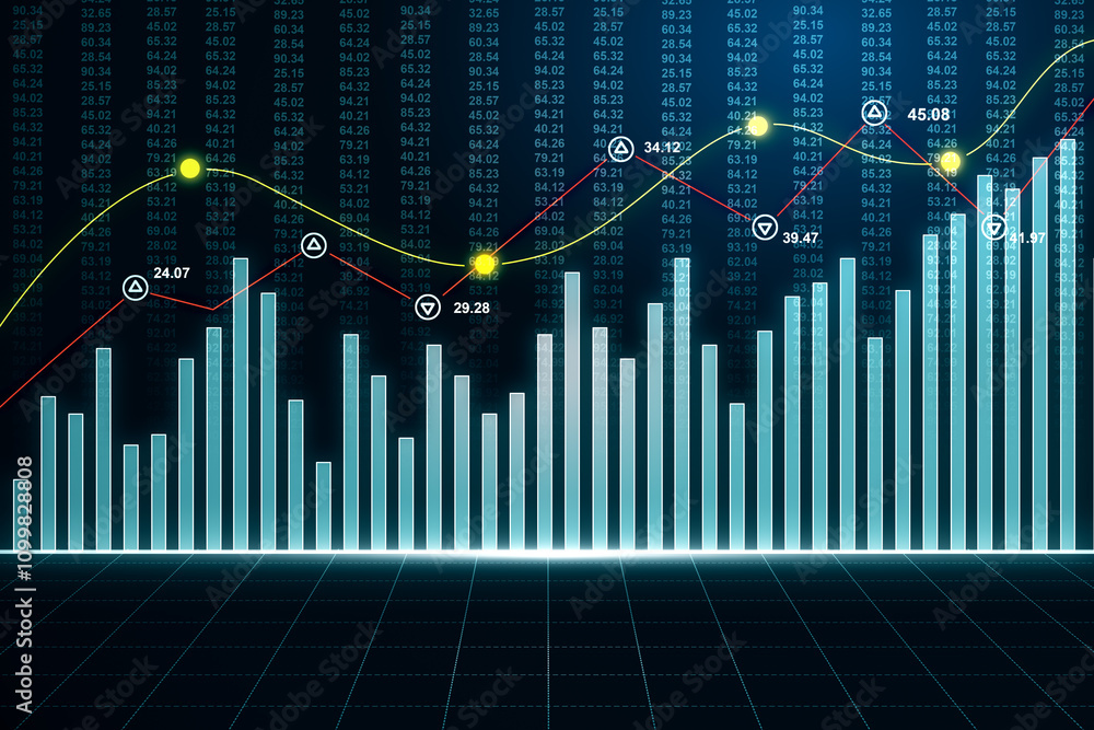 Aufkleber Big data and forex market concept with bight digital financial chart graph and indicators on background. 3D rendering