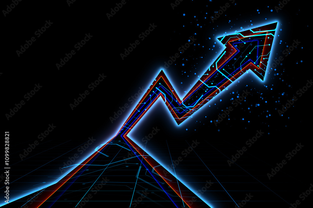 Aufkleber digital growth and innovation technology concept with rising up glowing colorful arrow with circuit 
