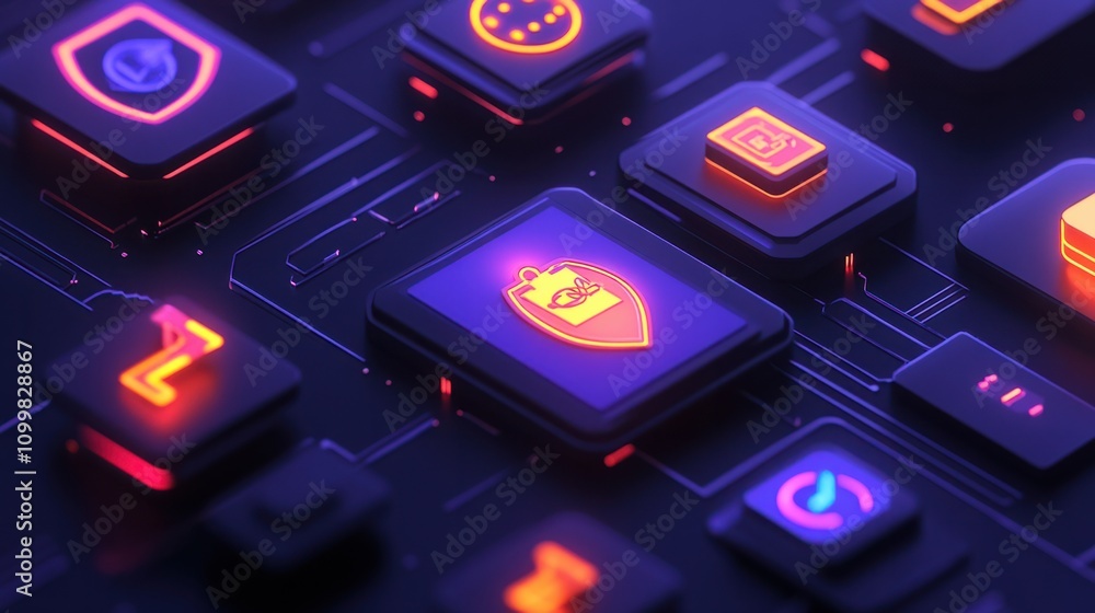 Poster modern interface showing icons representing quality control such as secure shields, badges, and appr