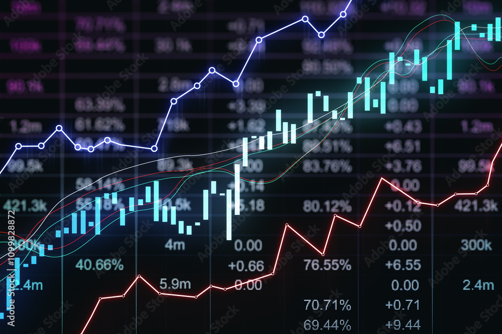 Poster Bank and trading statistics concept with front view on digital glowing financial chart graphs and candlestick on dark background with stock market indicators. 3D rendering