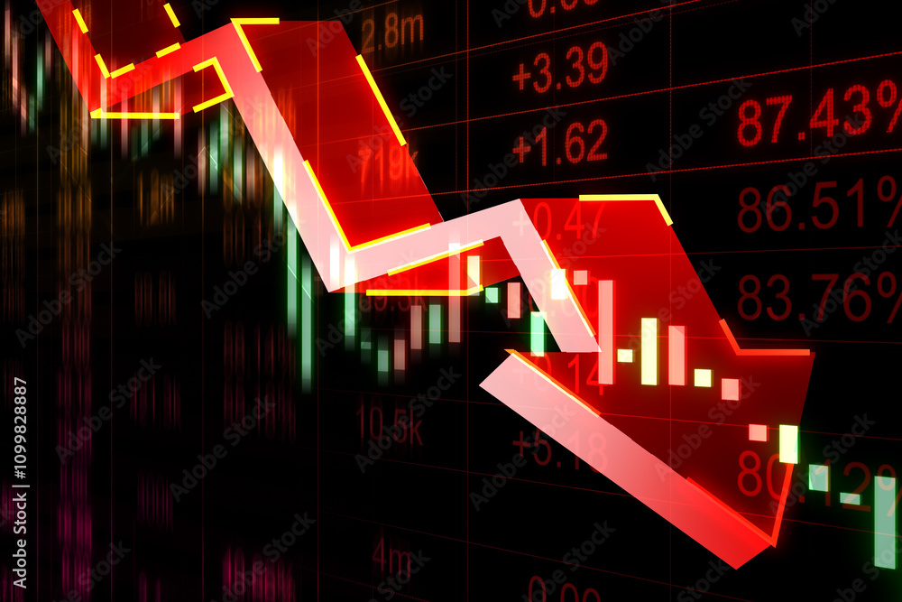 Poster downtrend and economy crisis concept with falling down digital red arrow on dark technological backg