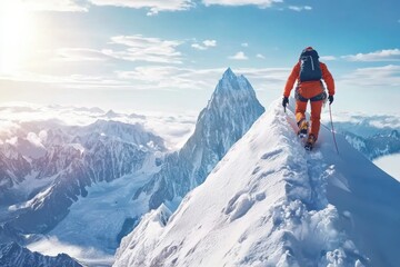 A climber conquering a snowy peak, surrounded by breathtaking mountain scenery under a clear blue sky.