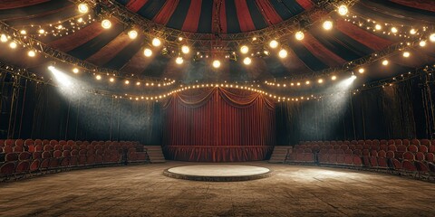 The inside of a circus tent with seats in a circle, spotlights shining, and an empty ring in the center.