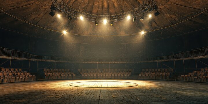 The inside of a circus tent with seats in a circle, spotlights shining, and an empty ring in the center.