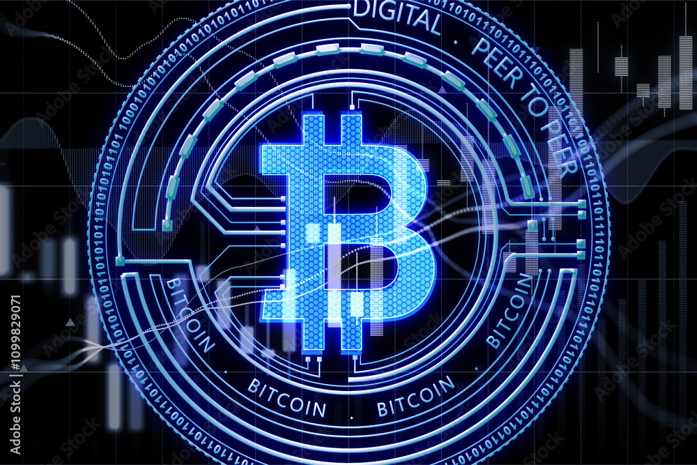 Aufkleber digital money, growth and crypto currency concept with digital blue bitcoin icon on dark background 