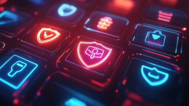 Modern interface showing icons representing quality control such as secure shields, badges, and approval stamps, glowing softly