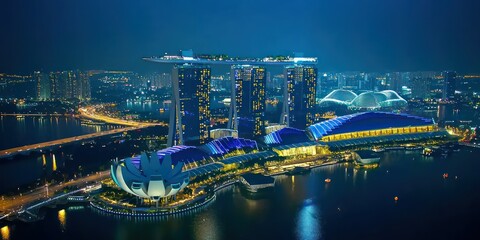 The Singapore skyline at night, with Marina Bay Sands and the ArtScience Museum illuminated over the bay.