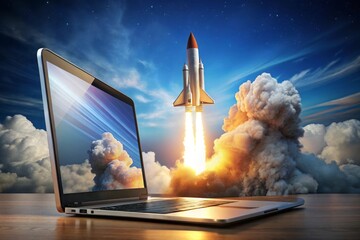 Fototapeta premium a laptop with a rocket flying in the sky and the words rocket on the screen