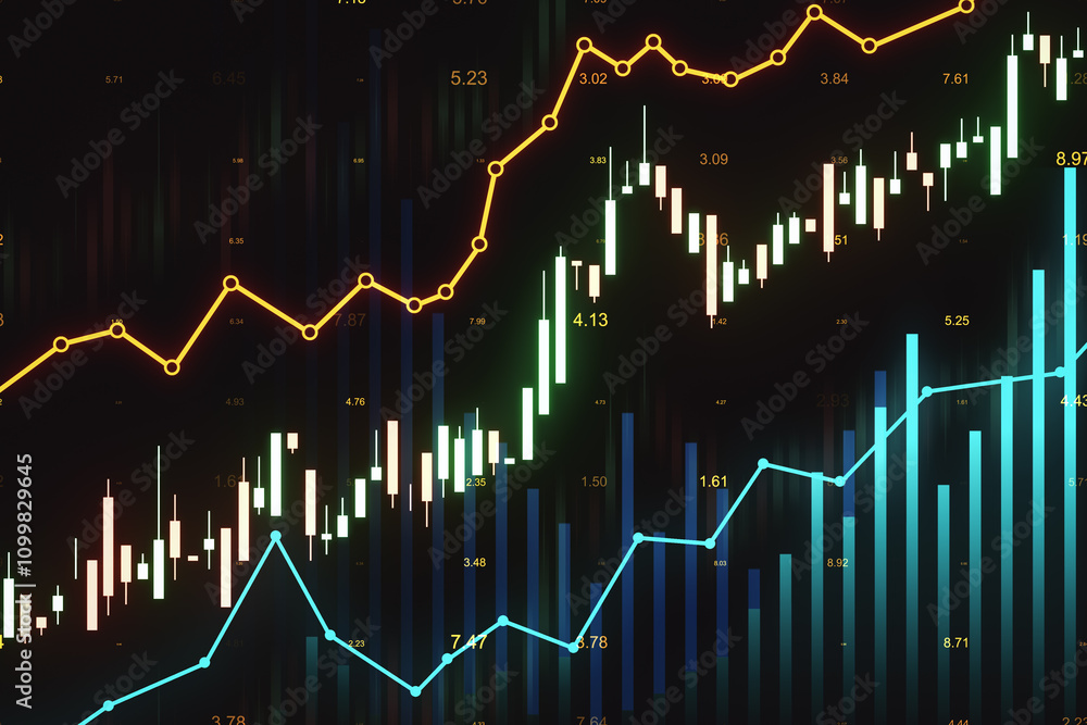 Poster Stock market and trading statistic concept with bright digital candlestick, diagram and graphs on dark background with stats indicators. 3D rendering