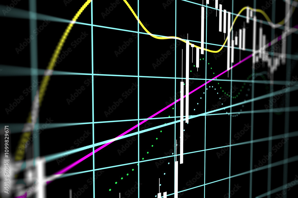 Poster Stock market stats data concept with digital financial chart diagram and candlestick on dark squared background. 3D rendering
