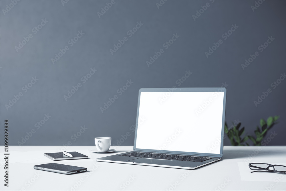 Poster perspective view on modern laptop blank white screen with blank place on light glossy table with cof