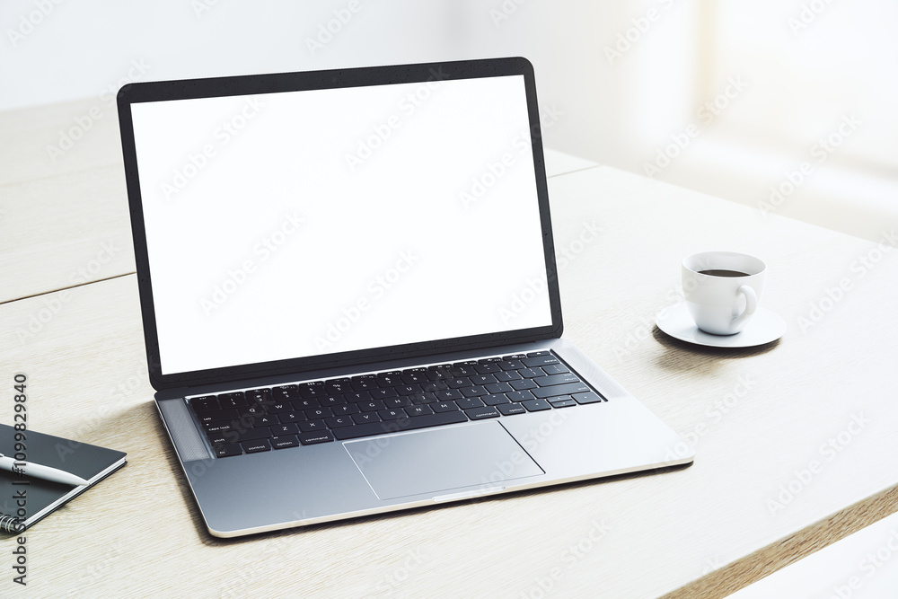 Aufkleber perspective view on blank white modern laptop monitor with copyspace for your logo or text on light 