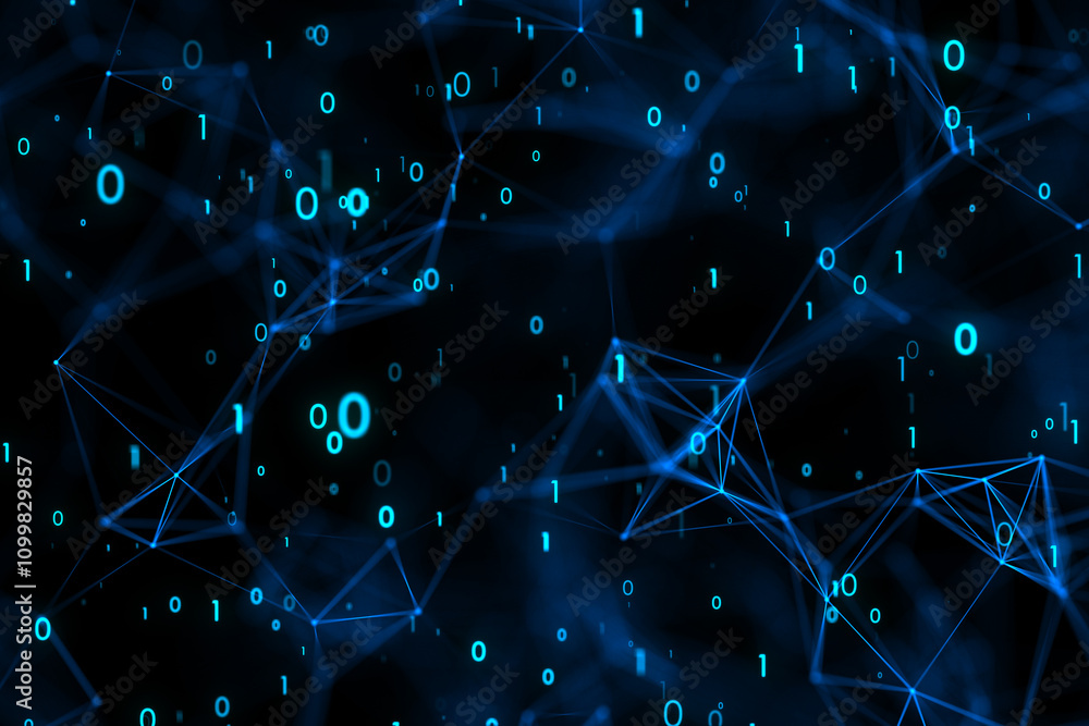 Fototapete Abstract dark background with binary code, analysis and data transfer concept. 3D rendering