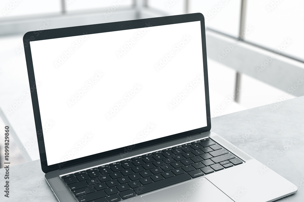 Aufkleber Perspective view on modern laptop with blank white monitor with copyspace for your logo or text and black keyboard on light grey surface with abstract sunny background. 3D rendering, mock up