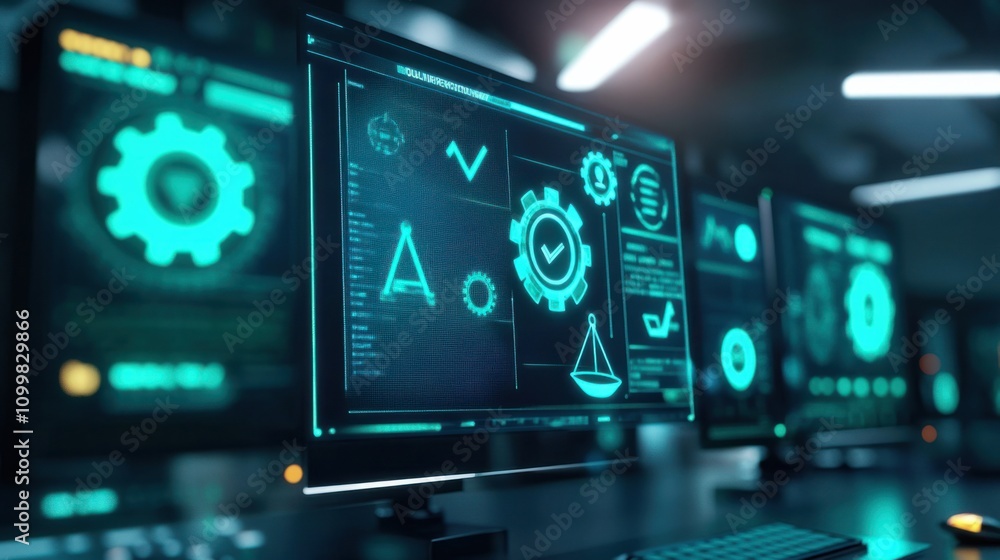 Poster modern workspace featuring floating quality control icons like gears, scales, and green checkmarks o