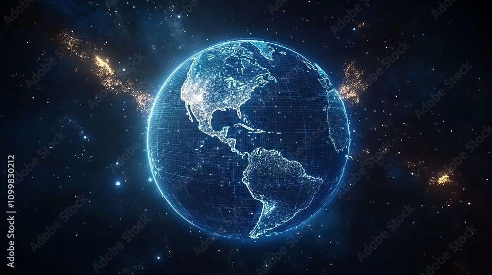 Aufkleber abstract digital blue background with glowing connections and a global map, internet connection of t
