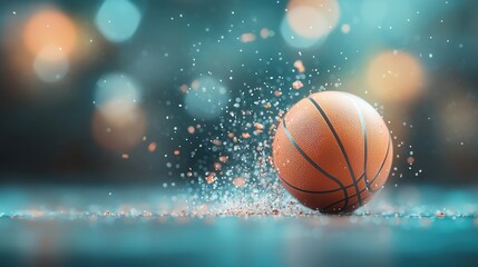 Obraz premium A basketball rolling on a surface with splashes of water and blurred lights in the background.