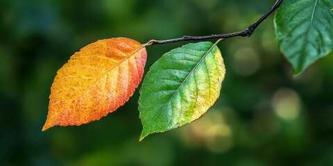 Obraz premium Transition scene from summer to fall, with green leaves just starting to turn orange and yellow.