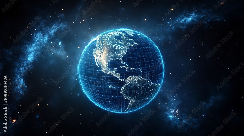 Poster abstract digital blue background with glowing connections and a global map, internet connection of t