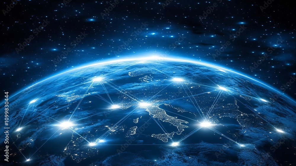 Aufkleber abstract digital blue background with glowing connections and a global map, internet connection of t