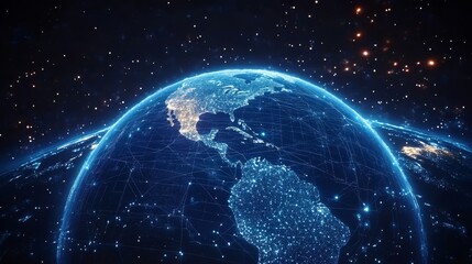 Obraz premium Abstract digital blue background with glowing connections and a global map, internet connection of the planet Earth for business data transfer or social media communication in space on a dark backdrop
