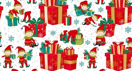 A pattern featuring little elves preparing presents set against a snowy background ideal for a fun and festive Christmas gift