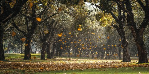 Trees bending under strong winds in an open park, with leaves and debris flying around.