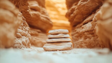 Stacked stones in a narrow canyon bathed in warm light.