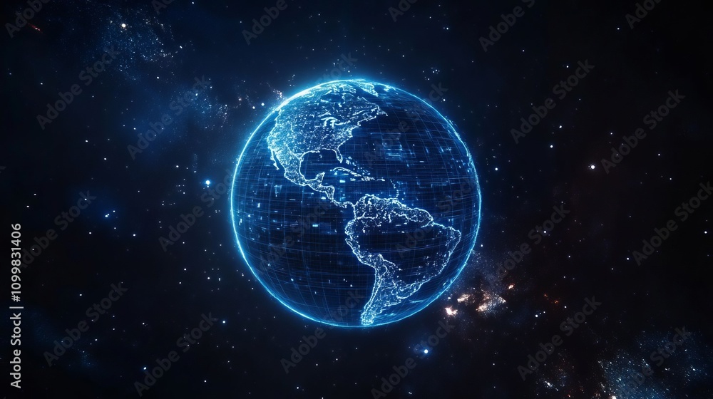 Aufkleber abstract digital blue background with glowing connections and a global map, internet connection of t