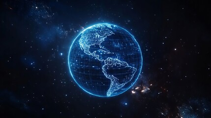 Fototapeta premium Abstract digital blue background with glowing connections and a global map, internet connection of the planet Earth for business data transfer or social media communication in space on a dark backdrop