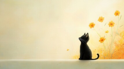 A black cat gazes at yellow flowers in a serene, artistic setting.